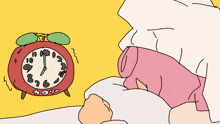a cartoon drawing of a person laying in bed with a red alarm clock behind them that shows the time as 4:20
