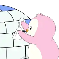 a pink penguin standing next to an igloo