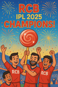 a group of rcb players holding a lollipop