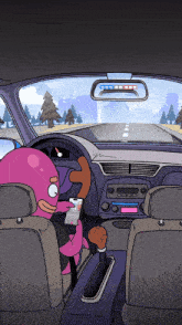 a cartoon character is driving a car and looking at a phone