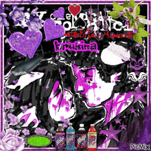 a picture of a girl surrounded by purple flowers and bottles of foxy cola
