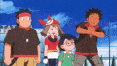a group of cartoon characters are standing in front of a building with the word tat on it