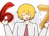 a cartoon of a man holding balloons with the number 6 and 7 on them