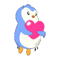 a penguin holding a pink heart in its arms