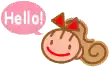 a cartoon of a girl with a red bow and a speech bubble that says `` hello '' .