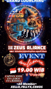 a poster advertises a zeus alliance event on july 17