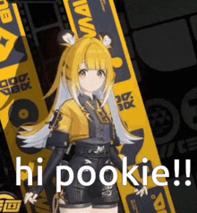 a girl in a yellow jacket and black shorts says hi pookie