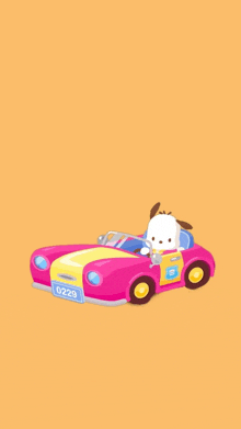 a cartoon dog is driving a pink car .