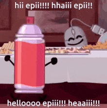 a spray can with arms and legs is standing next to a mouse on a table with food on it .