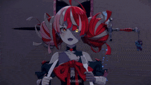 a girl with red hair is holding a knife and fork and says kanauru