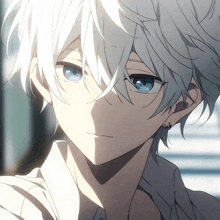a close up of a person 's face with white hair