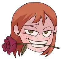 a cartoon of a woman holding a rose in her mouth