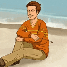 a cartoon of a man sitting on the beach with his eyes closed and a stick in his hand .
