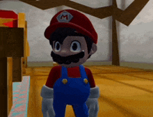 a video game character named mario wearing overalls and a red hat with a m on it