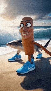 a cartoon character standing on a beach next to a shark and a pair of nike shoes