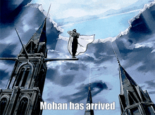 a cartoon of a man flying through the air with the words mohan has arrived below him