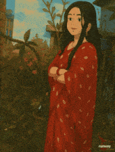 a cartoon drawing of a woman in a red saree by runway pink
