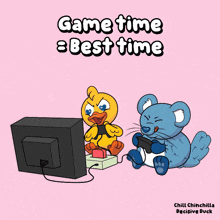 a cartoon of a duck and a mouse playing a video game with the caption game time = best time