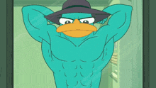 perry the platypus is flexing his muscles in front of a grid