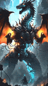 a painting of a robotic dragon with wings and a lightning bolt behind it