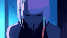 a girl with purple hair is looking down with her eyes closed and a cigarette in her mouth