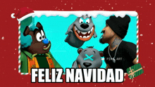 feliz navidad is written on a red background with cartoons