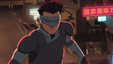 a cartoon character is holding a gun in front of a neon sign that says ' chinese ' on it