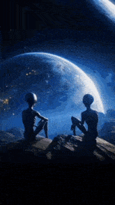 two aliens are sitting on a rock in front of the earth