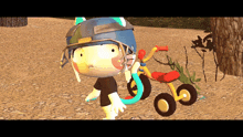 a cartoon character wearing a helmet stands next to a toy tricycle