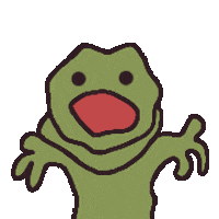 a green frog with a red mouth and a black nose