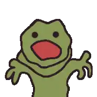 a green frog with a red mouth and a black nose