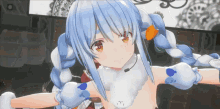 a 3d anime character with blue hair and a sheep collar