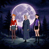 three women standing in front of a full moon in a forest