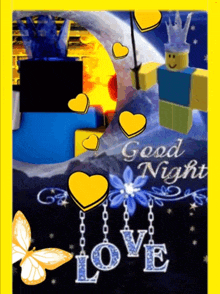 a poster that says good night love and has hearts and butterflies on it