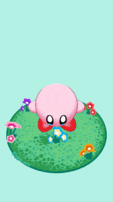 a cartoon drawing of a pink bear with a gift box above its head