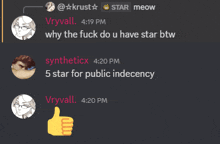 a screenshot of a discord conversation between vryvall and synthetixx