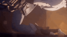 a close up of a person laying on a bed with a sword in a video game .