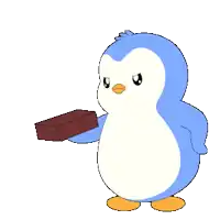 a blue and white penguin is holding a brick in its hand