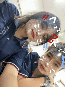 a boy and a girl are posing for a picture and the girl has a mask on her face that says zzz on it