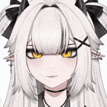 a close up of a girl 's face with horns and yellow eyes