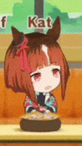 a little girl with a horse 's head is sitting at a table with kat written in the background