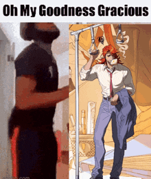 a cartoon of a man standing next to a cartoon of a man in a suit and tie