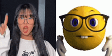 a girl wearing glasses is next to a smiley face