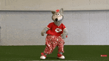 a mascot wearing a red shirt with the letter k on it is dancing on a field