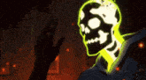 a skeleton with glowing eyes and a hand reaching out towards it