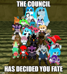 a group of cartoon characters are standing on a set of stairs with the caption the council has decided you fate