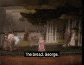 a woman in a pink dress is standing in front of a group of people with the words " the bread george " above her