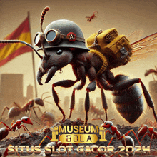 an ant wearing a helmet and goggles with the words museum bola situs slot gacor 2024 below it