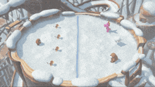 a group of monkeys are playing a game of ice hockey on a snowy rink