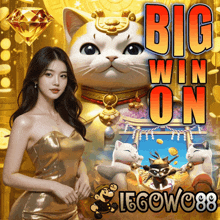 a woman in a gold dress stands in front of a cat and a sign that says big win on
